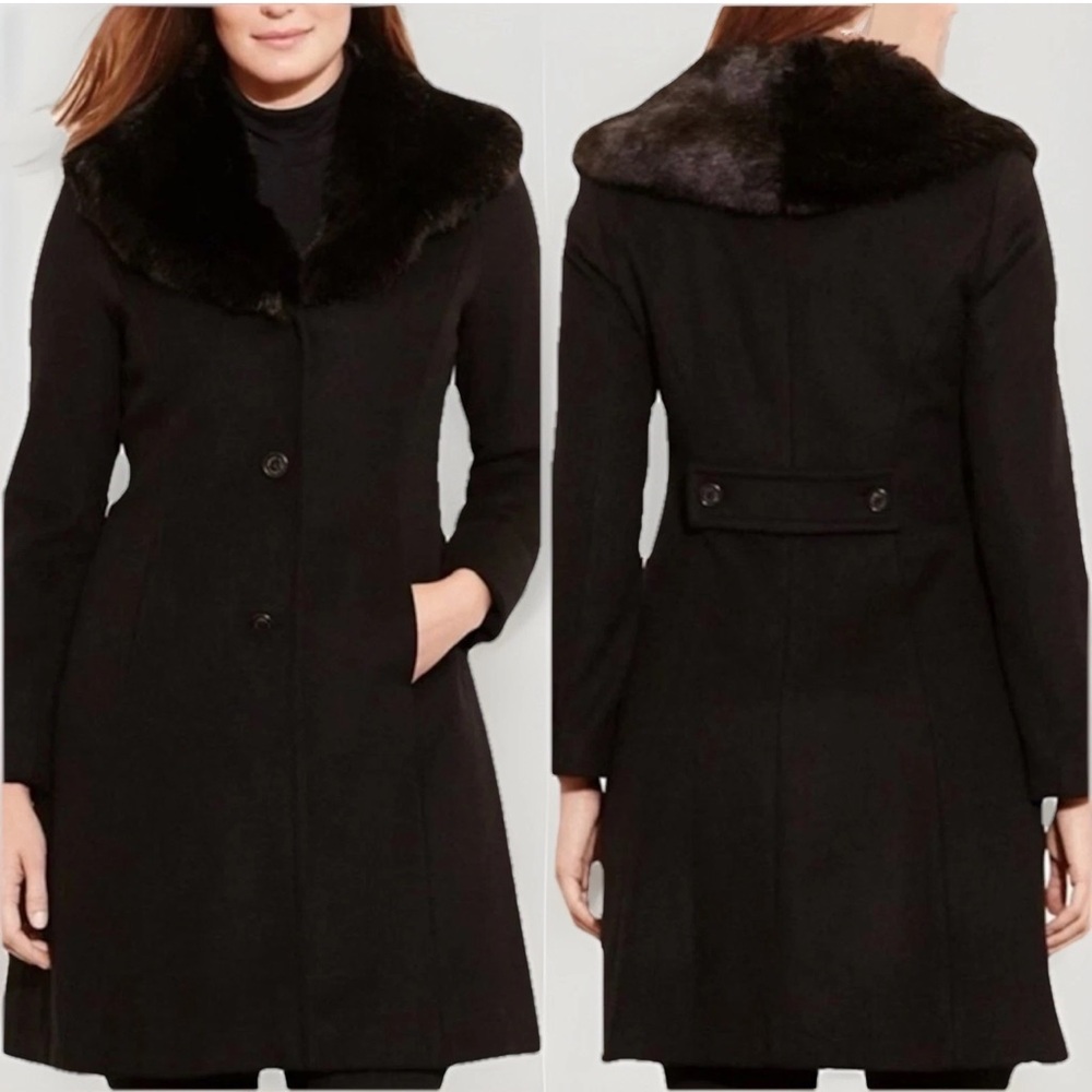 Lauren Ralph Lauren Sz8 Black Wool Blend Faux Fur Collar Walker Coat StyleLR2533 - Picture 2 of 16